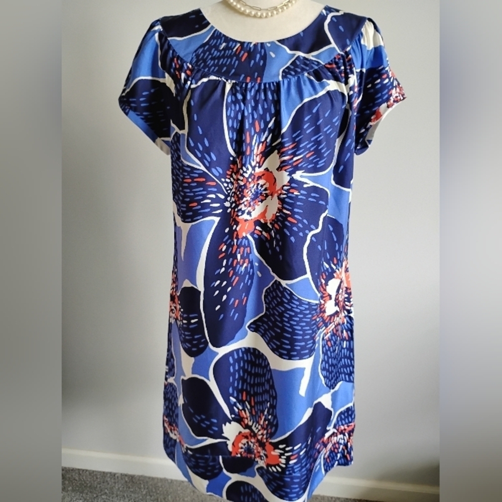 Victor Alfaro 100% Silk Navy Blue Floral Shift Dress Colorful Day Evening Sz 10